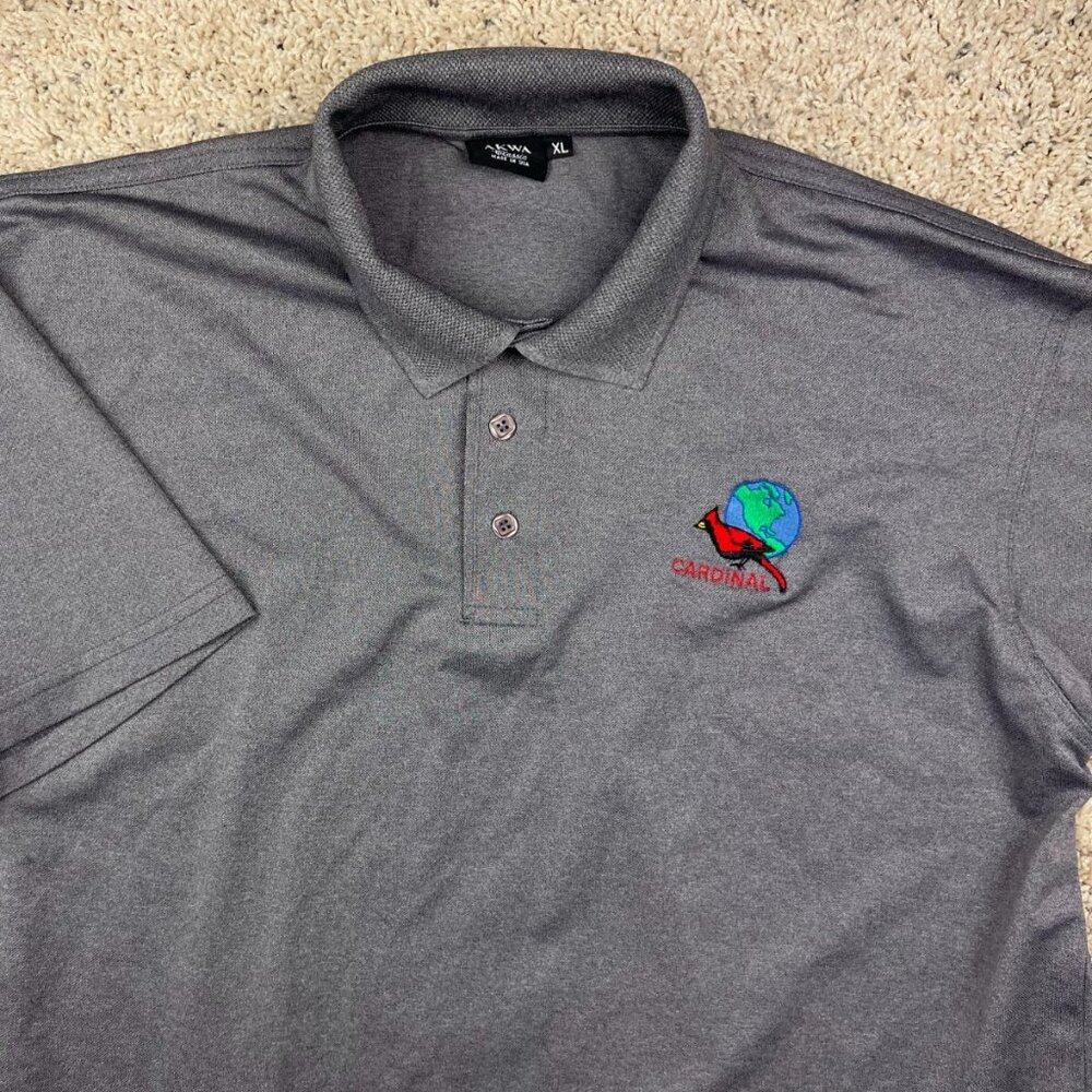 AKWA Mens XL Polo Gray Red Cardinal Bird Planet Earth Logo USA Made Casual